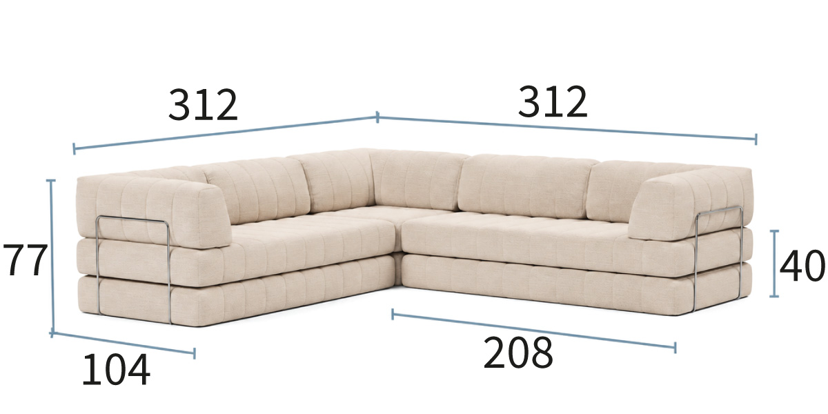 CozyPad C09 dimenzije kotnega kavča: 312 × 312 cm, višina 77 cm