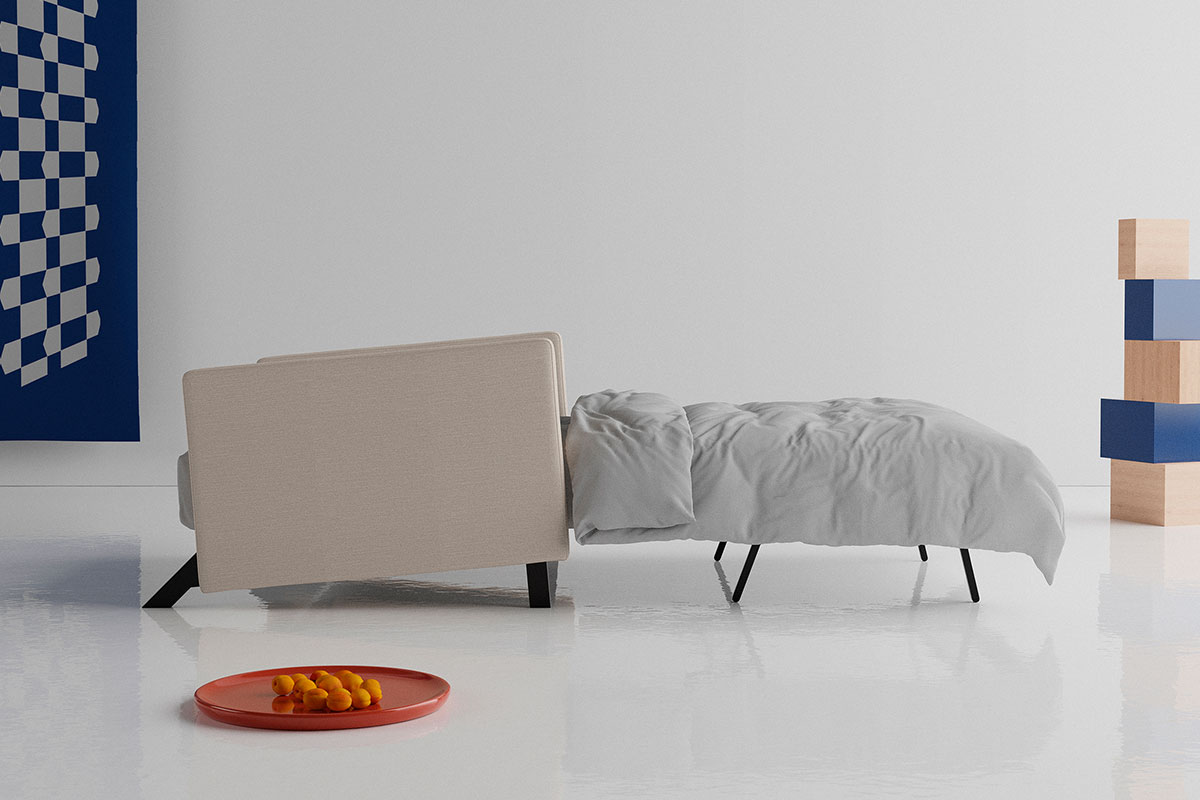 Cubed 90 z rokonasloni razprt v ležišče 90 × 200 cm za eno osebo, pogled od zadaj
