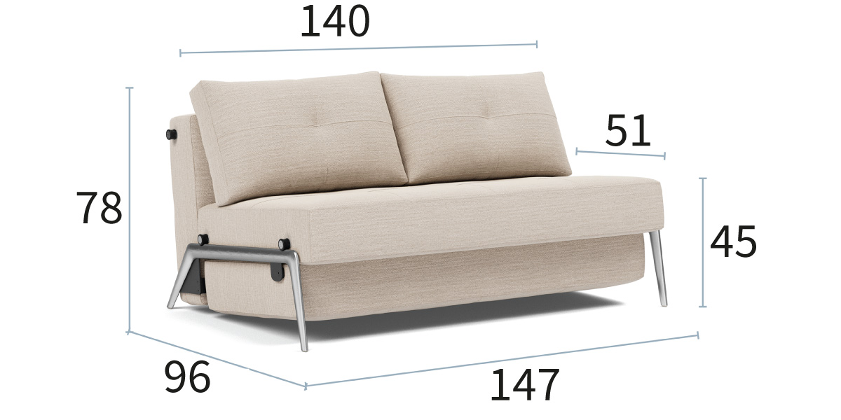 Cubed 140 Alu dimenzije kavča: širina 147 cm, globina 96 cm in višina 78 cm