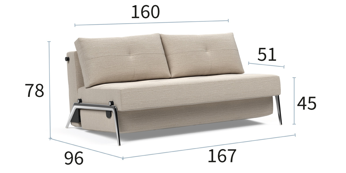 Cubed 160 Alu dimenzije kavča: širina 167 cm, globina 96 cm in višina 78 cm