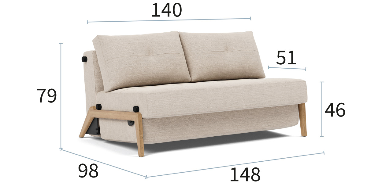 Dimenzije kompaktnega raztegljivega kavča Cubed 140 z ležiščem 140 x 200 cm – Innovation Living
