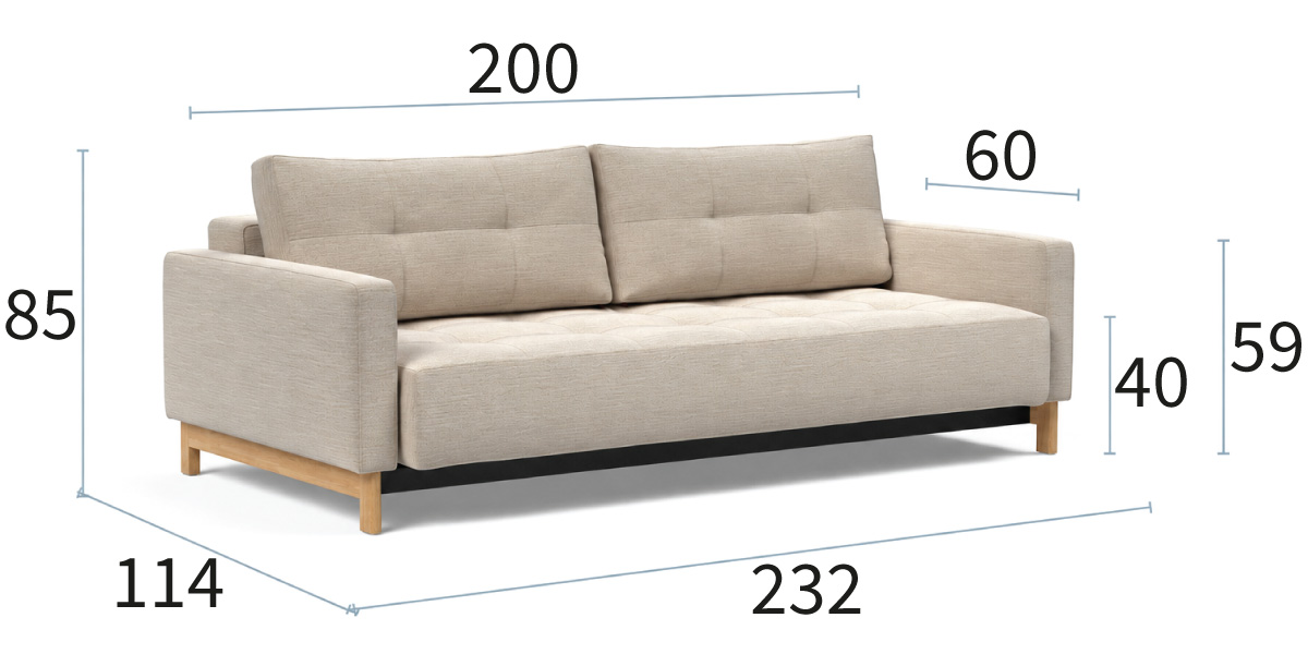 Pyxis dimenzije kavča: širina 232 cm, globina 114 cm in višina 85 cm