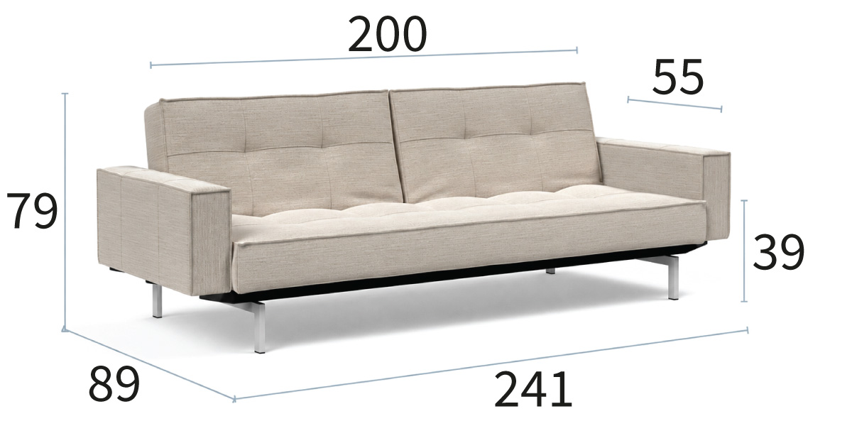 Splitback Chrome Sofa Bed z rokonasloni dimenzije kavča dolžina 241 cm, globina 89 cm in višina 79 cm