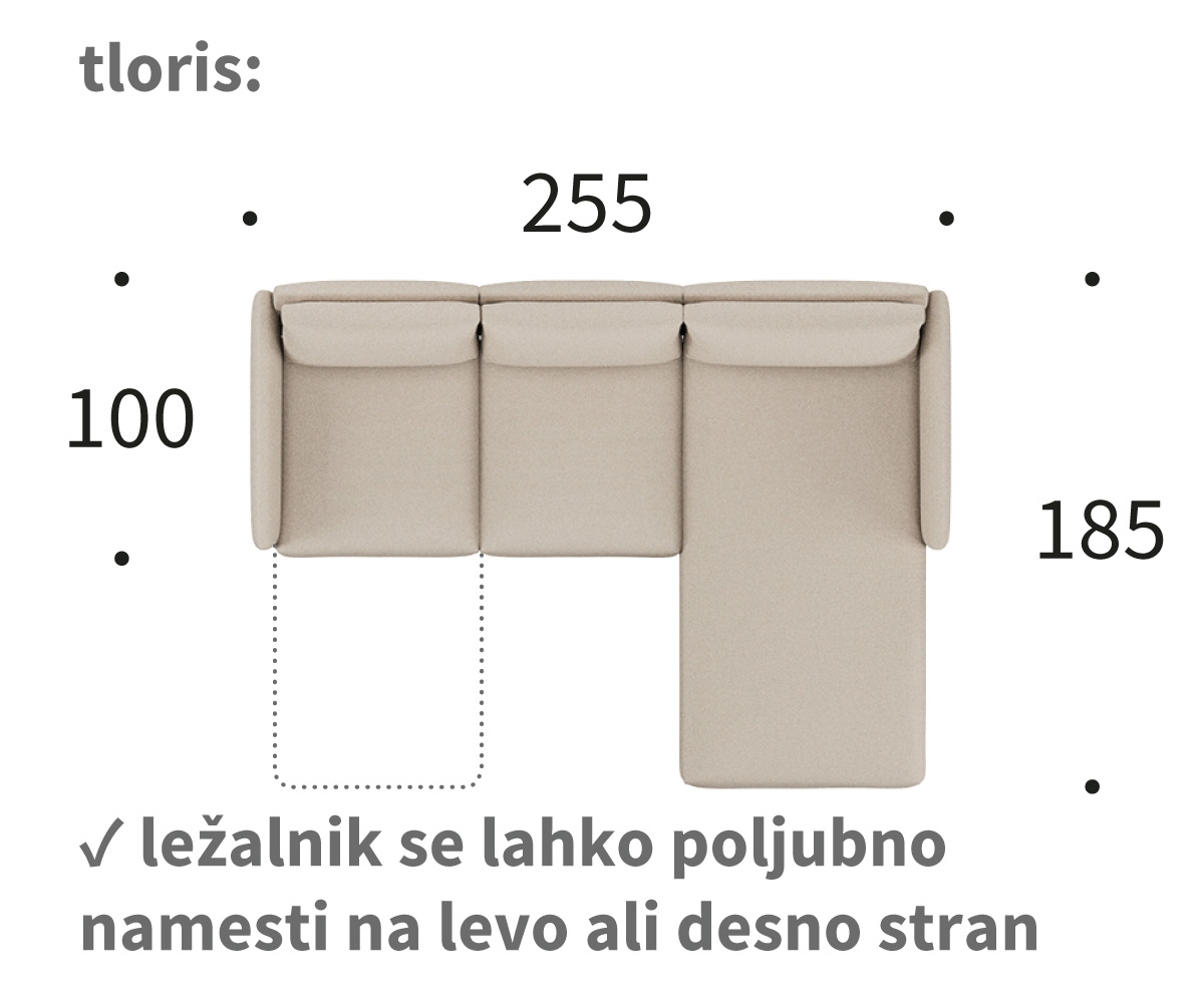 Tokey B2 dimenzije - tloris Dimenzije kavča tokey B2 - tloris