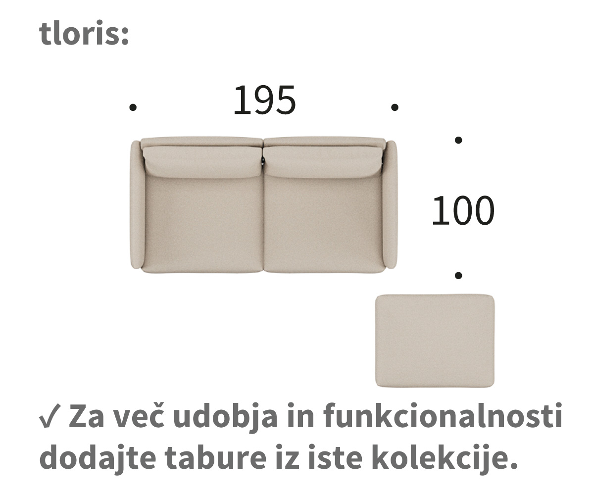 Dimenzije kavča tokey C2 - tloris