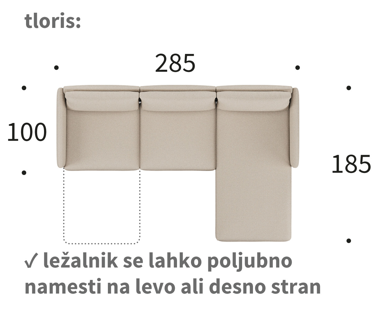 Dimenzije kavča tokey D2 - tloris