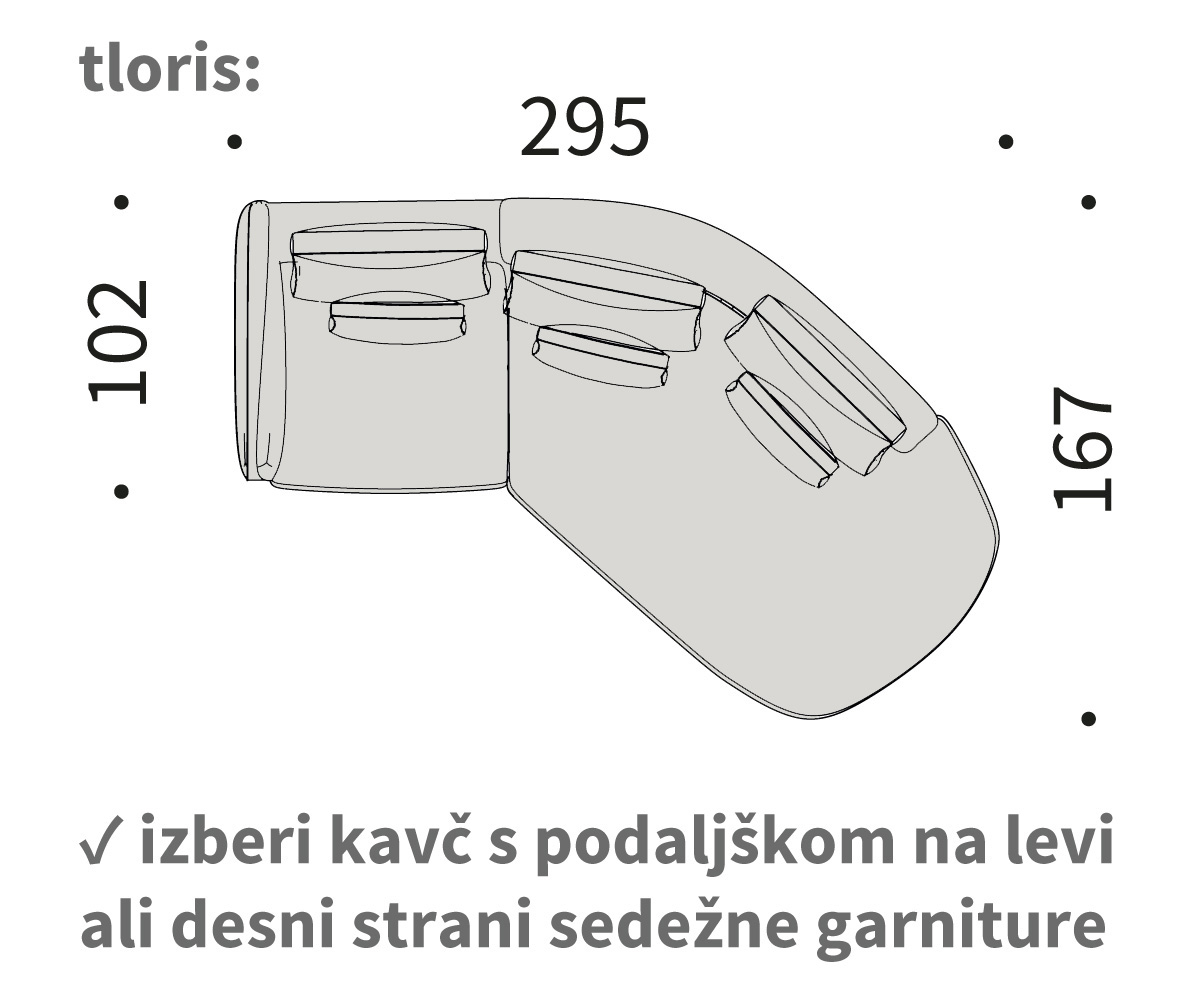 vivole sedežna garnitura 1,5 seater + 45° open-end vivole kotni 45, dolžina 295 cm
