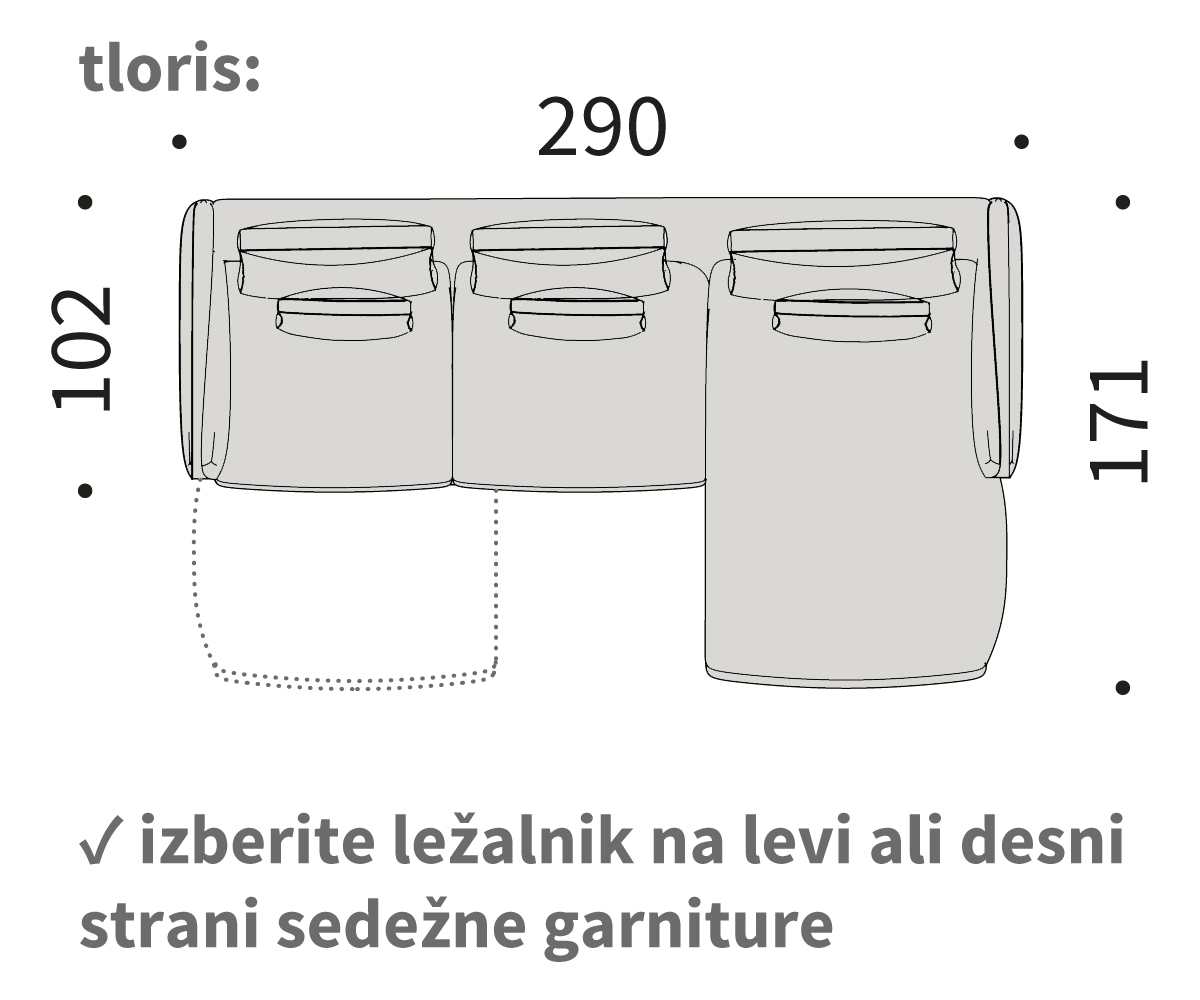 vivole kotna sedežna garnitura z ležalnikom, dolžina 290 cm